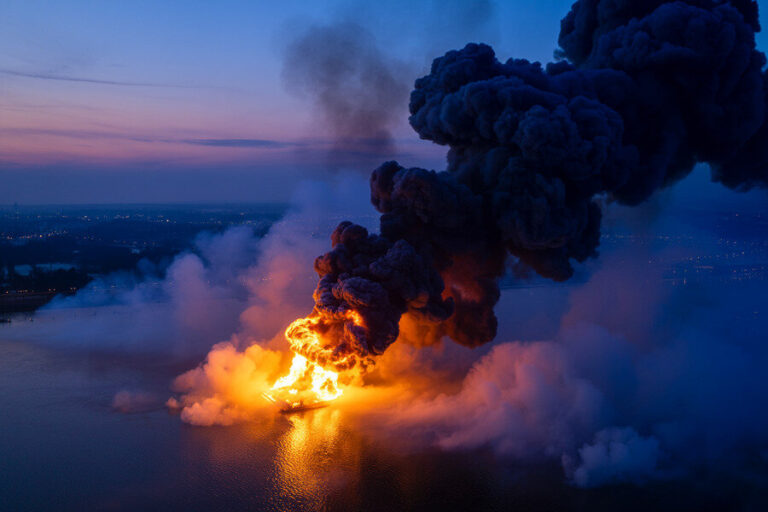 A large fire on a vessel in the water at dusk, with a thick black smoke plume rising into the blue sky.