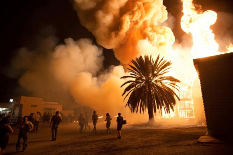 Nighttime scene of a large fire engulfing a building with thick smoke, a palm tree in the foreground, and people evacuating.