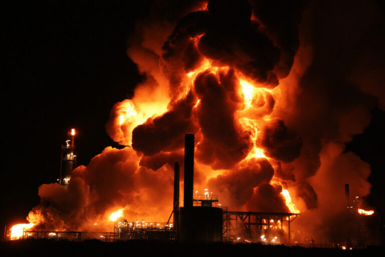 Nighttime refinery fire with towering flames and thick smoke engulfing industrial buildings in the scene.