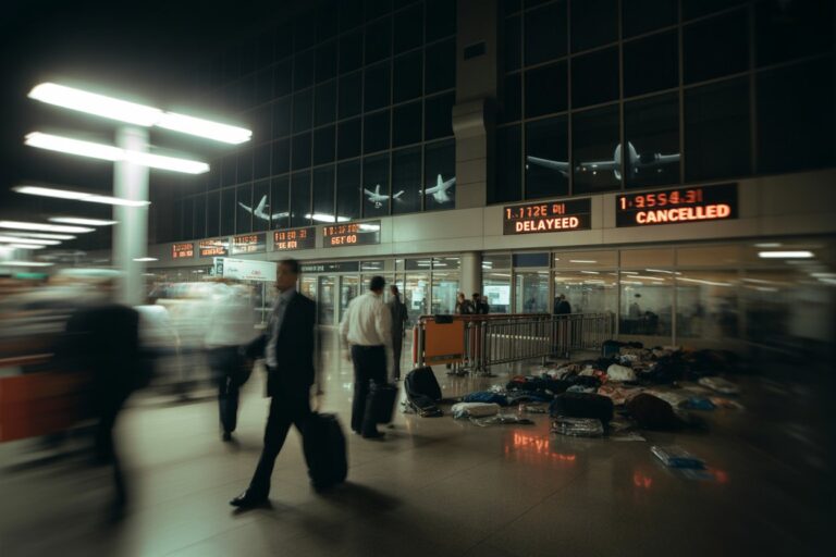Airport terminal at night with people walking past a pile of luggage on the floor and delayed/cancelled flight signs above the concourse.