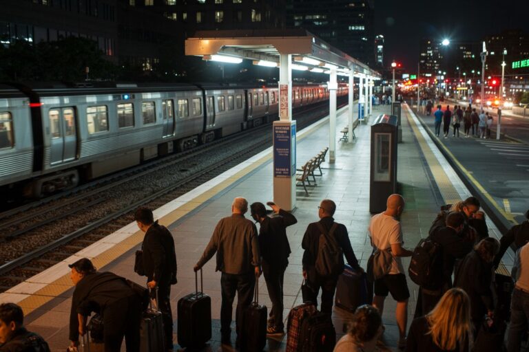 Nighttime city train platform with a silver commuter train and travelers with rolling luggage waiting on the platform edge at night.