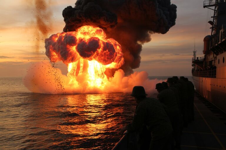 Naval crew watches a massive fireball and black smoke erupt from a blast on the side of a ship at sunset, over the water.