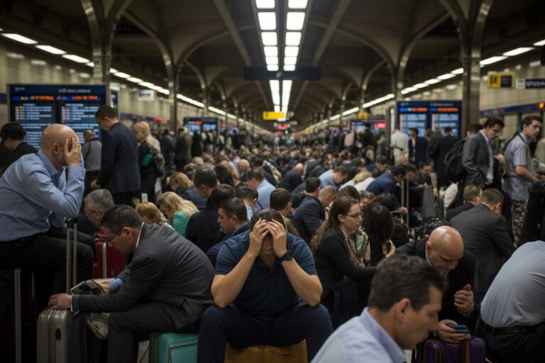 Crowded train station platform with travelers seated and standing; a man in the center holds his head in his hands in apparent stress.