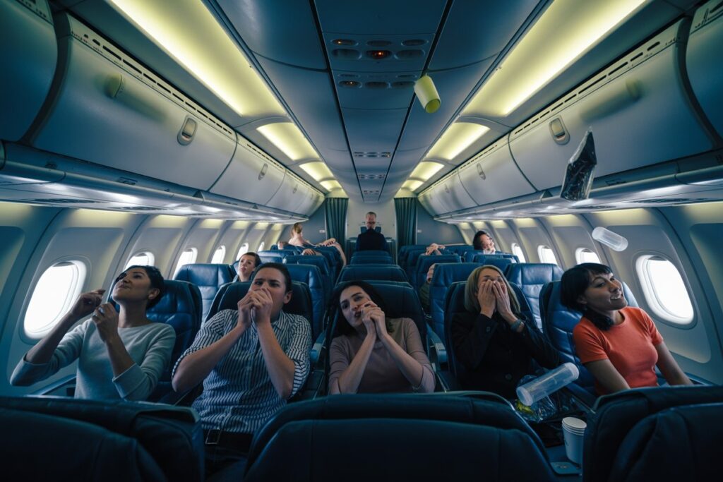 Airplane cabin with passengers seated; several people cover their mouths or look uneasy in the rows ahead and behind.