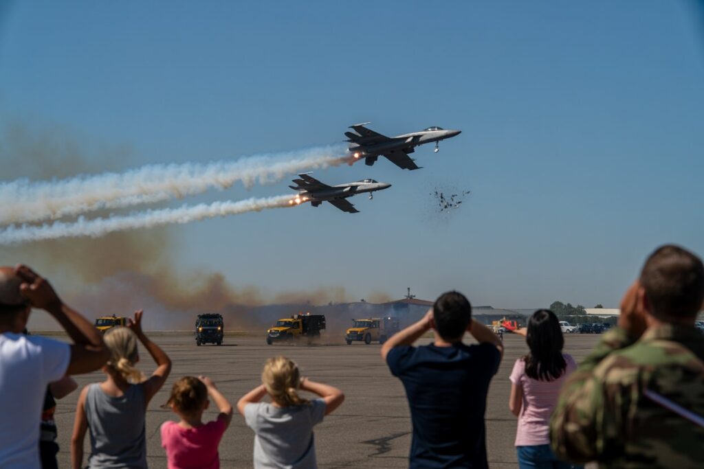 Two fighter jets fly in formation above a crowd at an airshow, releasing white smoke trails as ground vehicles watch from the runway.