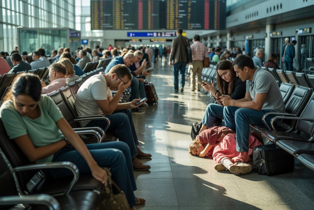 Crowded airport terminal with travelers seated; a child sleeping on the floor beside a couple looking at their phones.