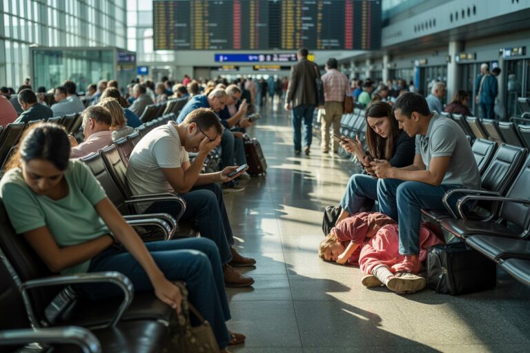 Crowded airport terminal; a child sleeps on the floor beside a couple using their phones.
