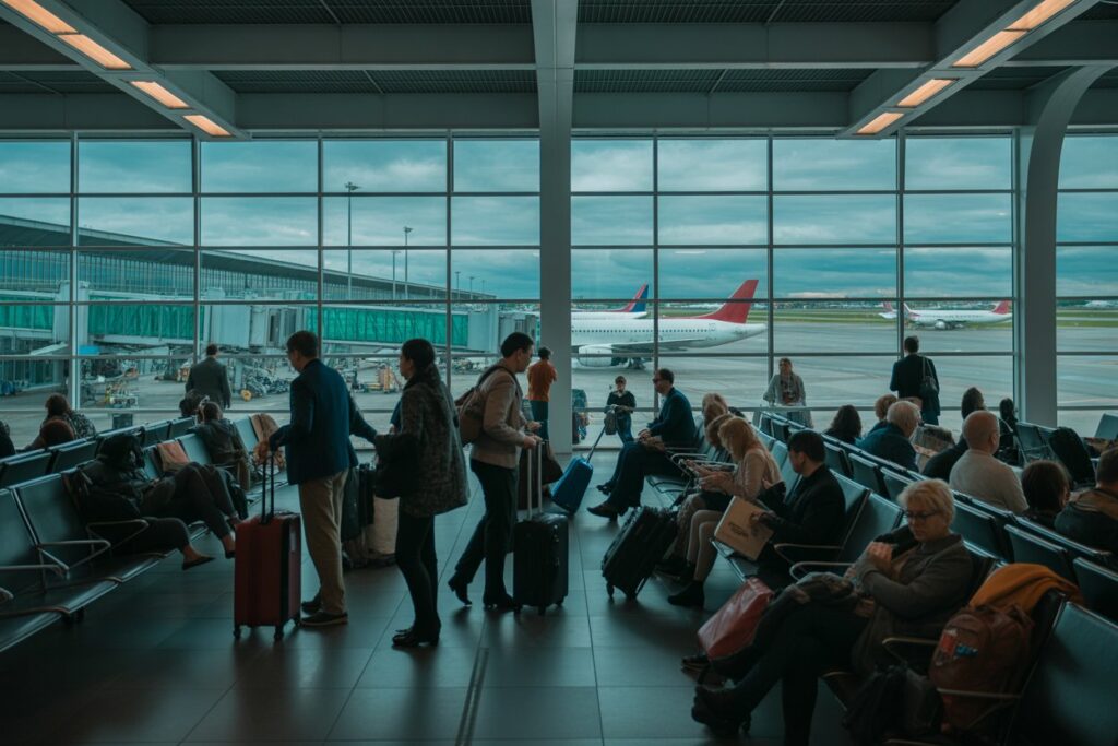 Travelers waiting with luggage in a bright airport terminal, planes visible on the tarmac through large windows of the gate area.