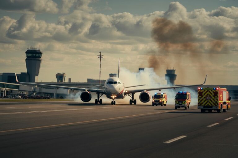 Commercial airliner on a runway with smoke billowing from behind, emergency vehicles approaching it.