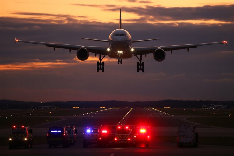 Airplane descending toward a dark runway at sunset, with emergency vehicles and flashing lights beneath the aircraft's wings.