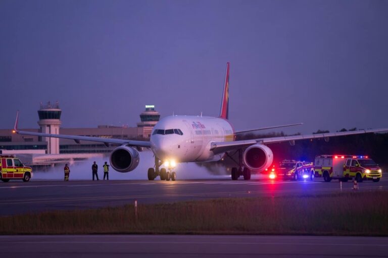 Commercial jet on the runway with its nose gear down, as emergency vehicles with flashing lights respond nearby at dusk.