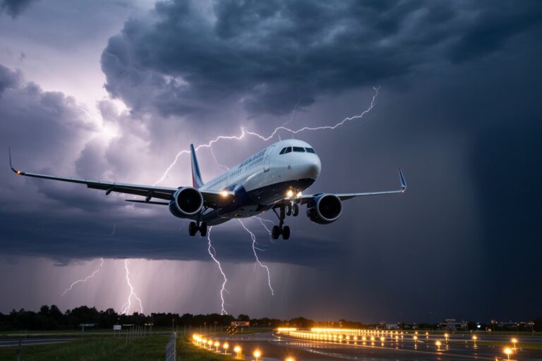 Commercial jet landing in a stormy sky as bright lightning bolts arc behind it, approaching a runway at dusk/dark.