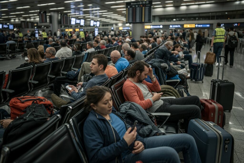 Crowded airport terminal with travelers seated and their luggage, some using phones or reading.