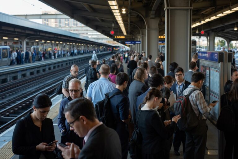 Crowded urban train platform with commuters waiting beside tracks, and a timetable board on the right.