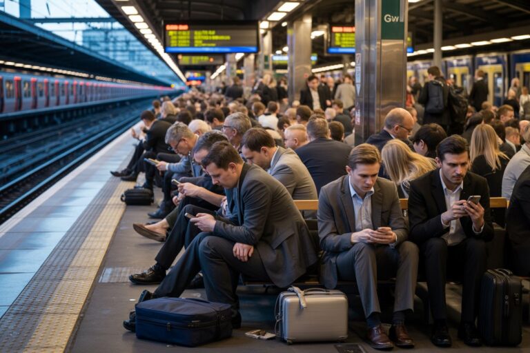 Crowded subway platform with business professionals in suits seated on benches, many looking at smartphones with suitcases nearby.