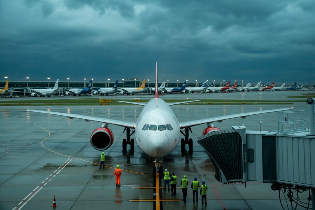 Front view of a white commercial jet at a gate on a wet tarmac with ground crew in high-visibility vests nearby under a cloudy sky