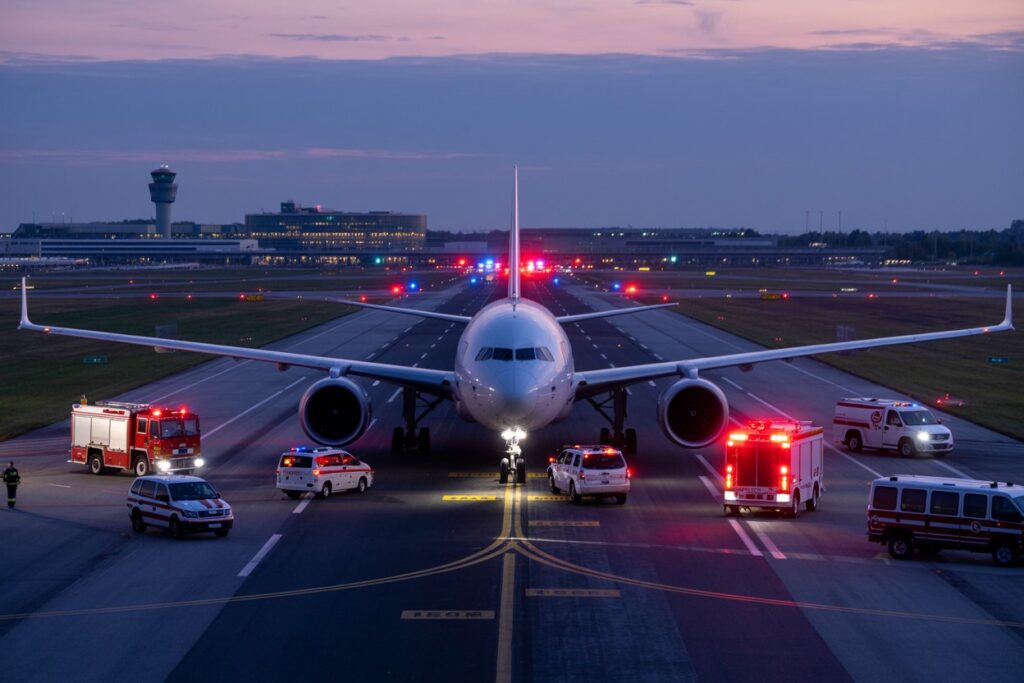Airliner on a runway surrounded by emergency vehicles with flashing lights at dusk/twilight.