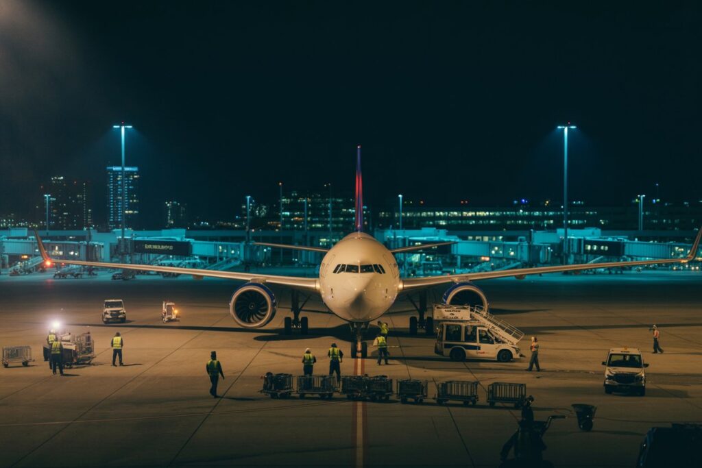 Nighttime airport scene: a large passenger jet on the tarmac with ground crew and equipment around it, blue-tinted lighting in the background.