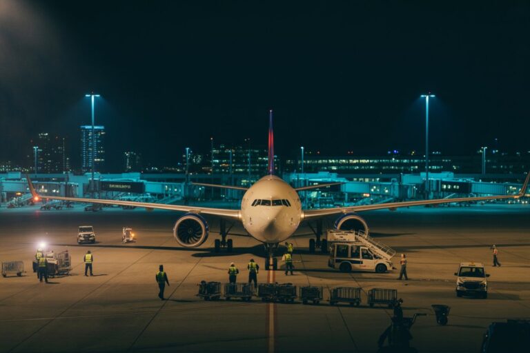 Nighttime airport scene: a large passenger jet on the tarmac with ground crew and equipment around it, blue-tinted lighting in the background.