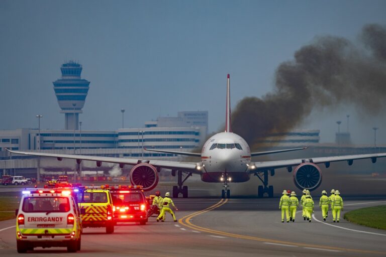 Airplane on the runway with multiple emergency vehicles and a smoke plume in the background.