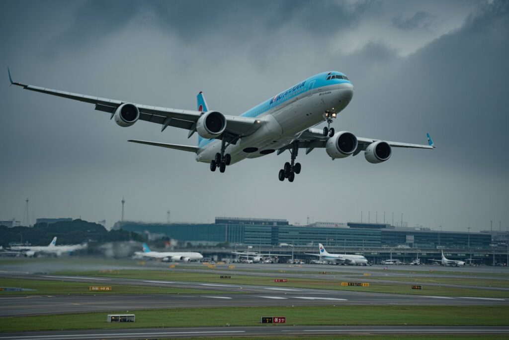 Commercial airliner lifting off from a runway at a busy airport, with terminals and other planes in the background under a cloudy sky.