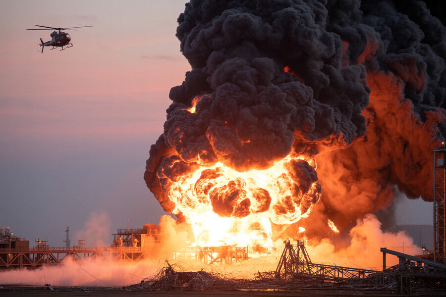 Massive orange fireball and thick black smoke erupt from an industrial facility as a helicopter flies overhead.