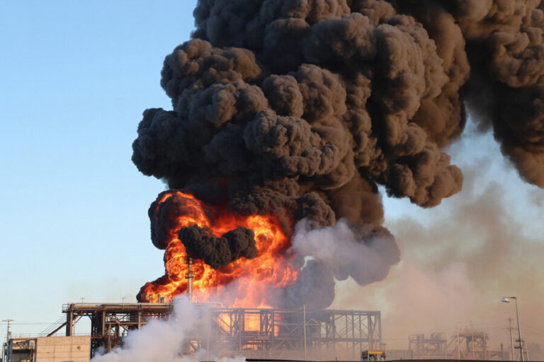 Industrial facility on fire with bright orange flames and a dense plume of thick black smoke rising into the sky