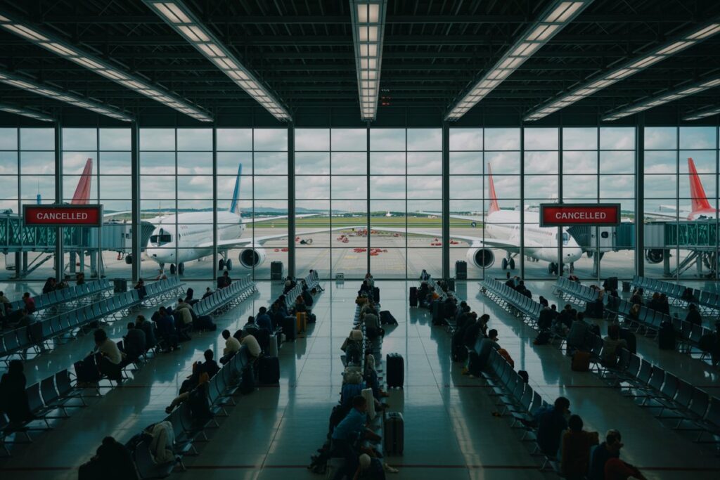 Busy airport terminal with rows of seating and passengers waiting; jets visible at gates outside through large windows.