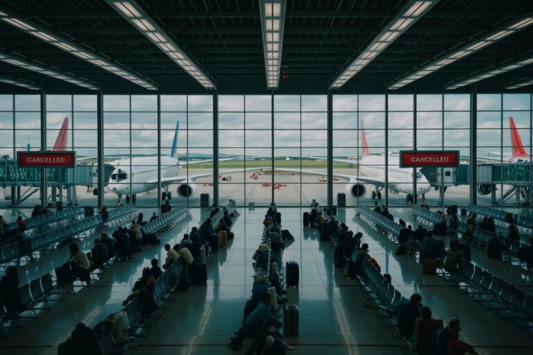Busy airport terminal with rows of seating and passengers waiting; jets visible at gates outside through large windows.