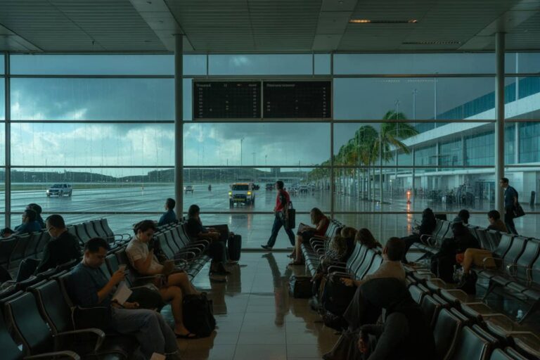 Airport departure hall with people seated, large glass windows and a view of the tarmac outside.