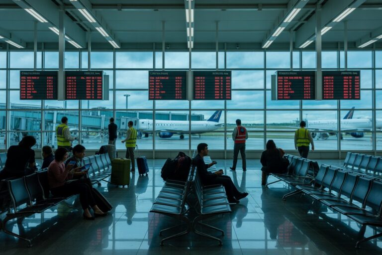 Airport departure hall with dozen empty blue seats, travelers seated and boarding boards above showing flight info outside the glass windows where airplanes are parked at gates.