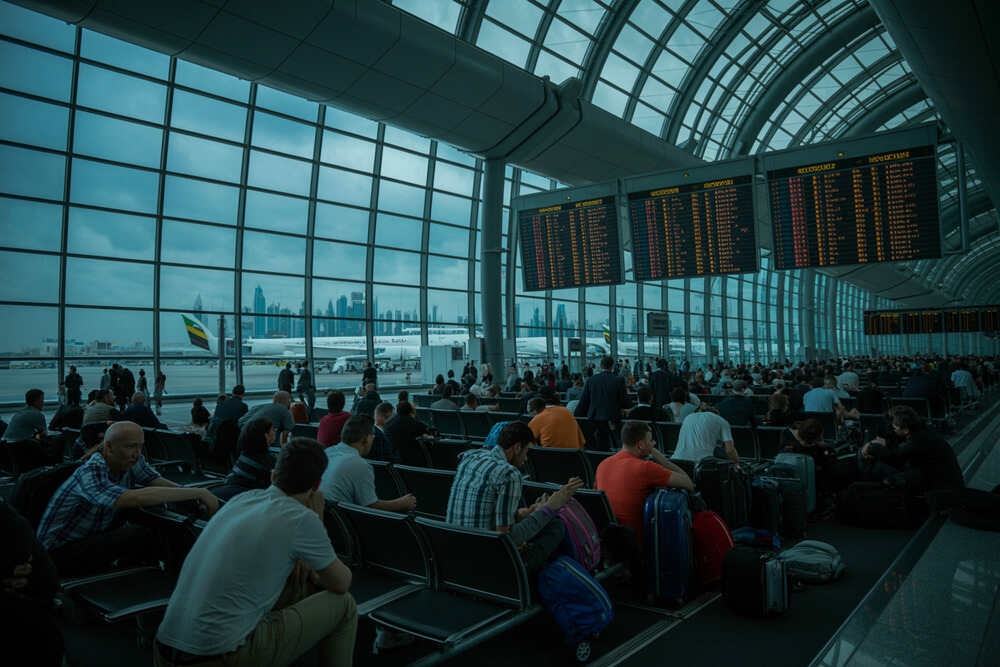 Busy airport terminal with many passengers seated, large glass walls, and flight information boards overhead near the gate area.