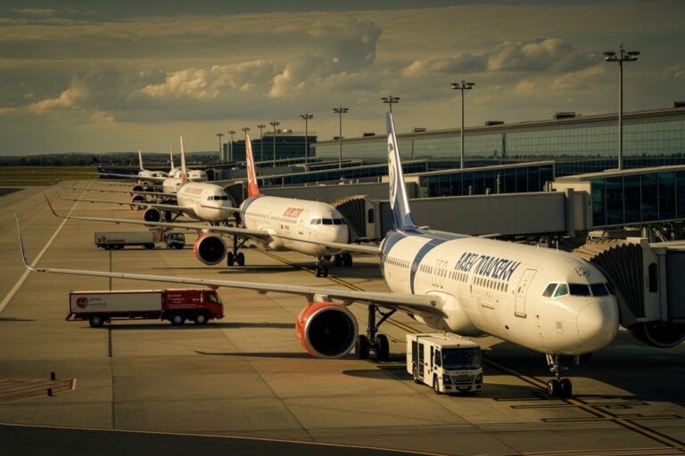 Several commercial airplanes are parked at gates on an airport apron, with jet bridges connected and ground support vehicles nearby.