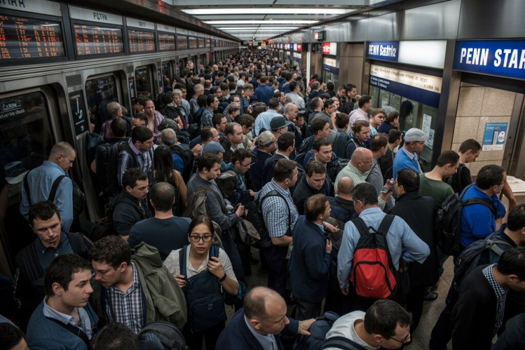 Crowded subway platform at Penn Station with commuters lining up beside a train car, many carrying backpacks and bags before boarding.