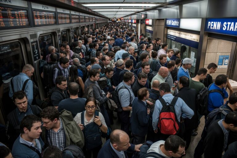 Crowded subway platform at Penn Station with commuters lining up beside a train car, many carrying backpacks and bags before boarding.