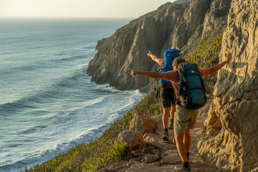 Two hikers with backpacks walk a rocky coastal trail along the cliff edge, pointing toward the ocean.