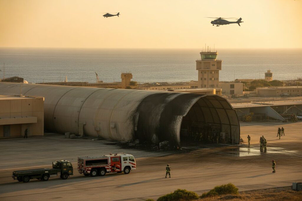 Firefighters and a fire truck at a large hangar with a burned open entrance, during sunset at an airbase nearby the sea, with two helicopters in the sky