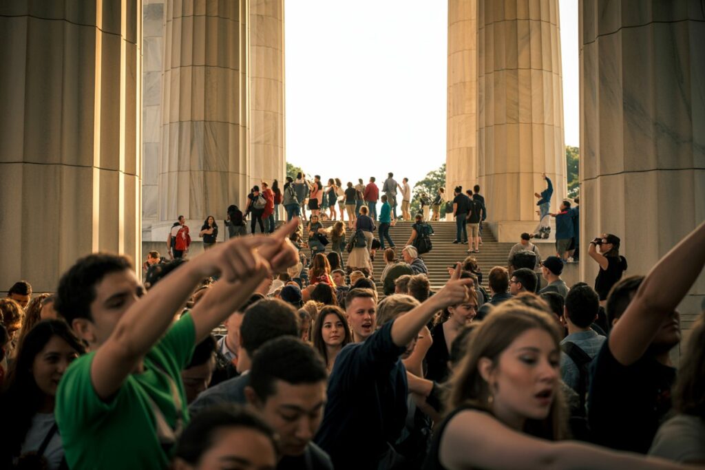 Large crowd of people gathered on steps between tall stone columns, some raising arms and taking photos at a monument site.