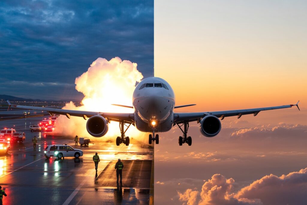 Airliner on the runway with a large explosion behind on the left, and the same plane approaching for landing at sunset on the right.