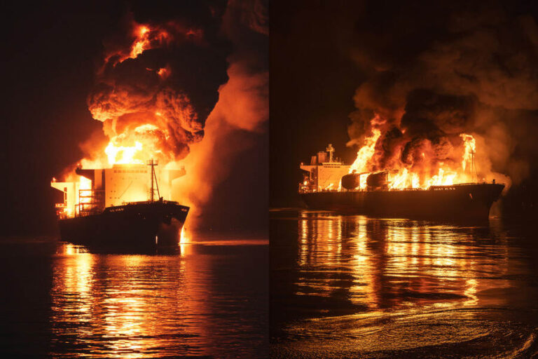 Two ships on fire at night, flames and smoke rising, with fiery reflections on the water.