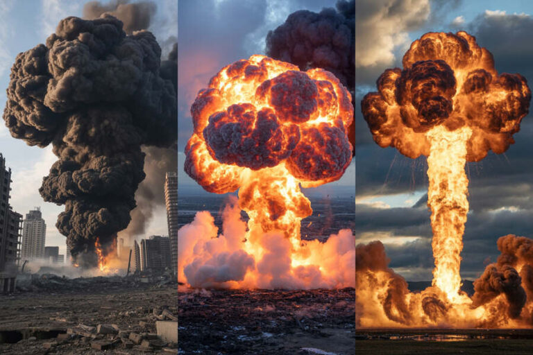 Three-panel montage of large explosions: left shows a smoky urban landscape with burning debris, center a fiery nuclear blast rising from the ground, right a tall mushroom cloud erupting over a coastline landscape.