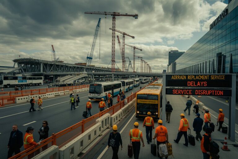 Construction site along a busy road with workers in orange vests; digital sign reads Delays and Service Disruption near a bus station rental area.