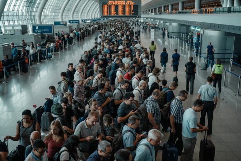 Long line of travelers with luggage waiting at a busy airport security/check-in area beneath a large digital departure board.