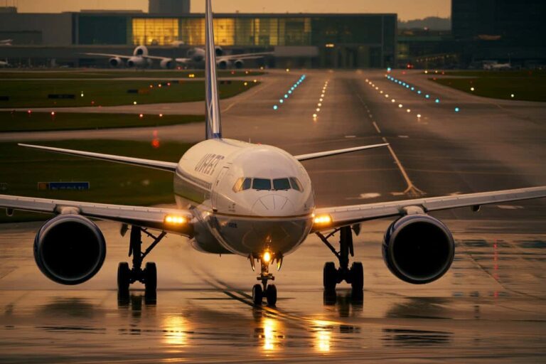 Front view of a large commercial jet taxiing on a wet runway with reflection of lights, at sunset.