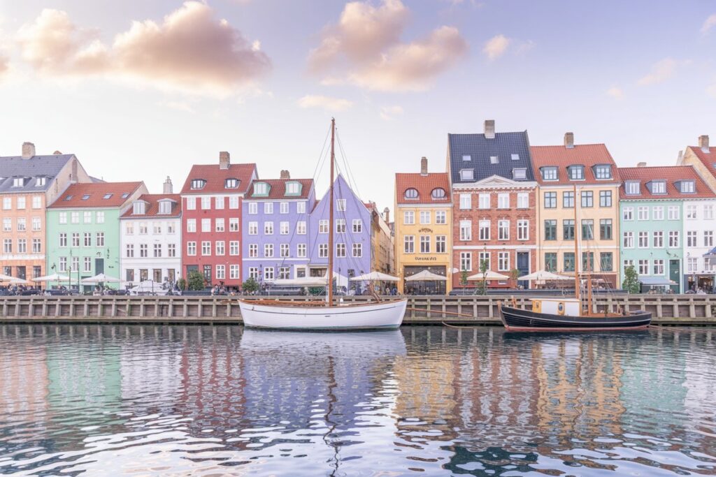 Row of colorful houses along a harbor with two boats moored in front and calm water reflections.