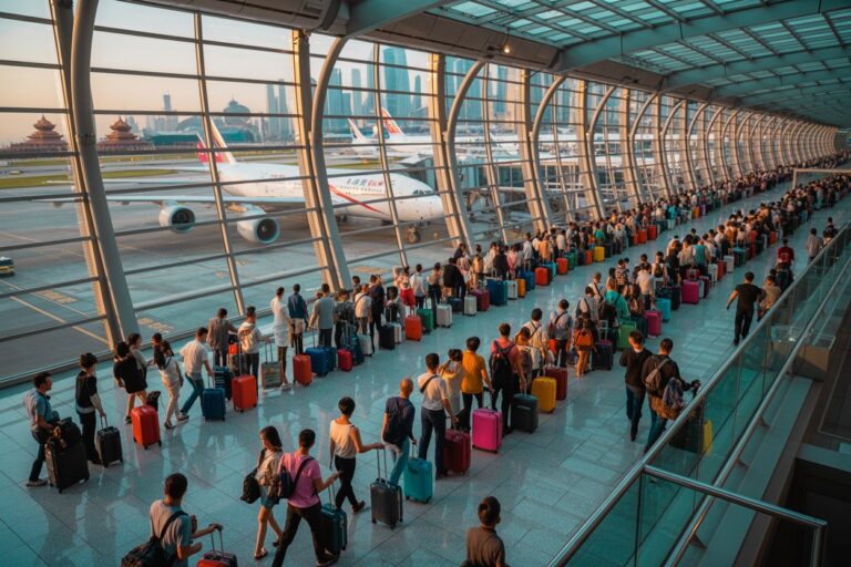 Passengers with colorful suitcases line up along a sunlit airport terminal concourse, waiting to board or check in, with planes outside the glass walls.