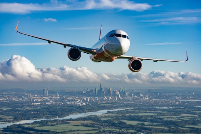 Commercial jet flying low over a city skyline with a winding river and green fields below