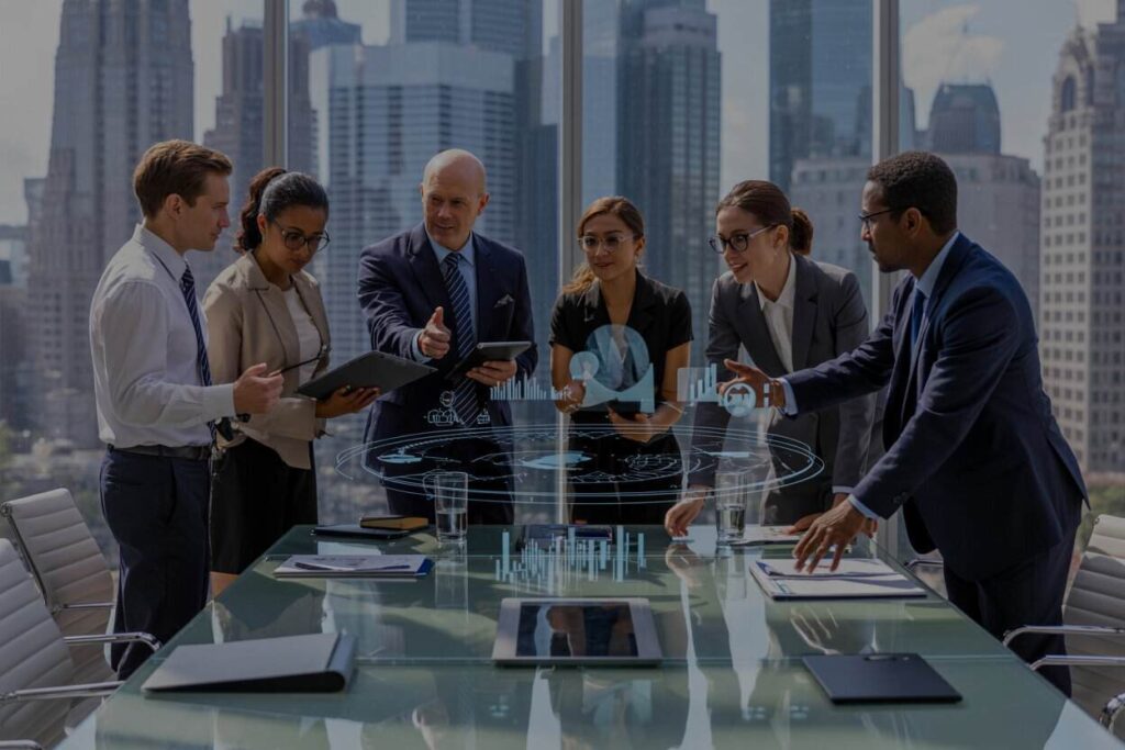 Group of six professionals in formal attire around a glass conference table, examining holographic data projections.