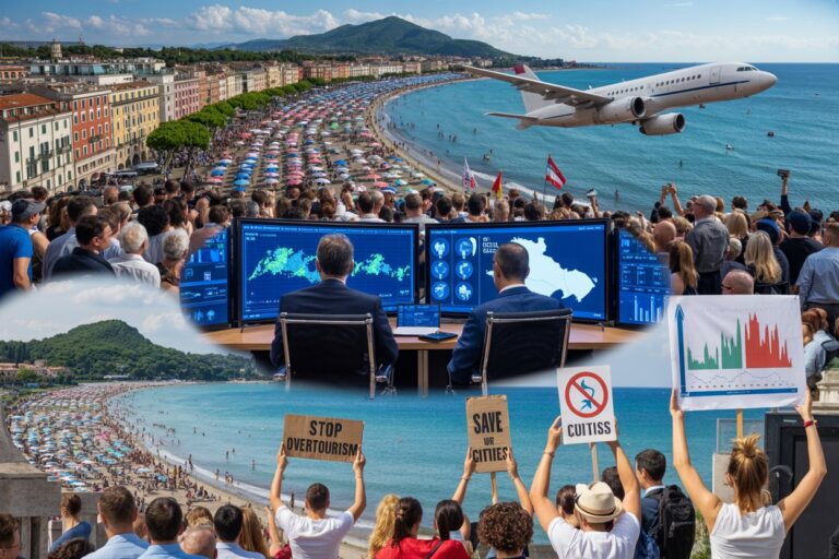 A crowded Mediterranean beach with colorful umbrellas along a turquoise sea, a crowd on the promenade, and an airplane flying low overhead; inset shows a control room with analysts at multiple screens displaying world maps and charts; protesters hold signs reading 'STOP OVERTOURISM' and 'SAVE OUR CITIES' as part of a broader scene.