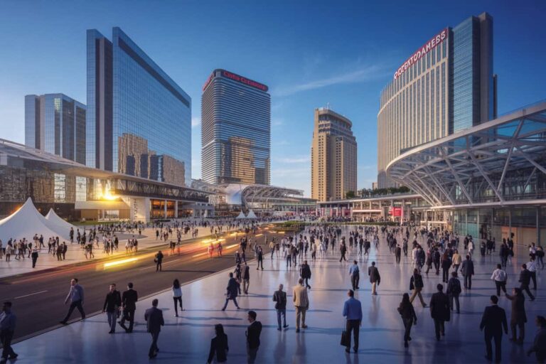 Crowded modern city square with tall glass skyscrapers and a curved glass canopy; people walk along a broad plaza at dusk.